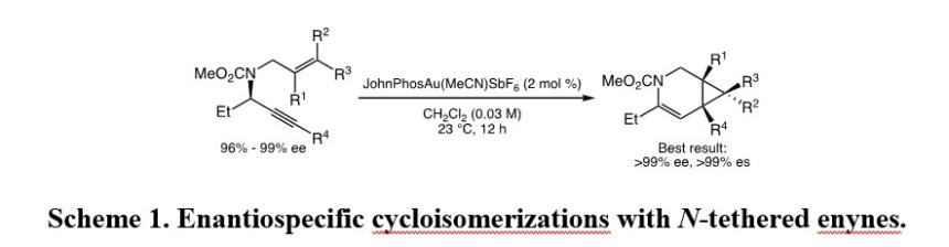 Illustration of Enantiospecific cycloisomerizations with N-tethered enynes.